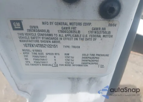 2005 GMC Sierra 1500 z USA, uszkodzony, nr VIN 1GTEK14T85Z122151